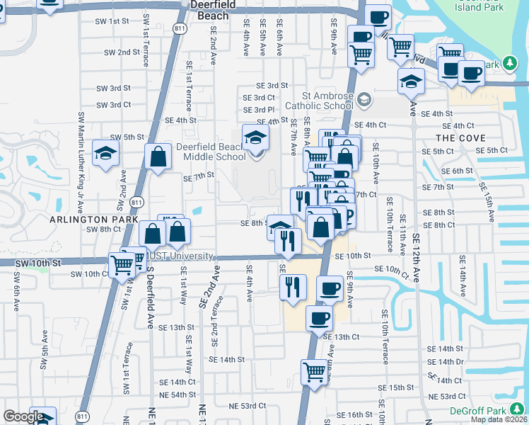 map of restaurants, bars, coffee shops, grocery stores, and more near 475 Southeast 8th Street in Deerfield Beach