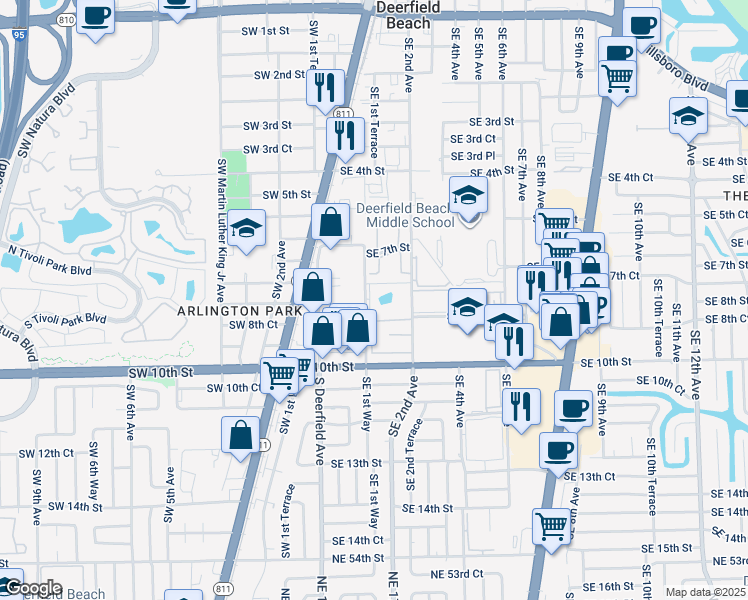 map of restaurants, bars, coffee shops, grocery stores, and more near 755 Southeast 1st Way in Deerfield Beach