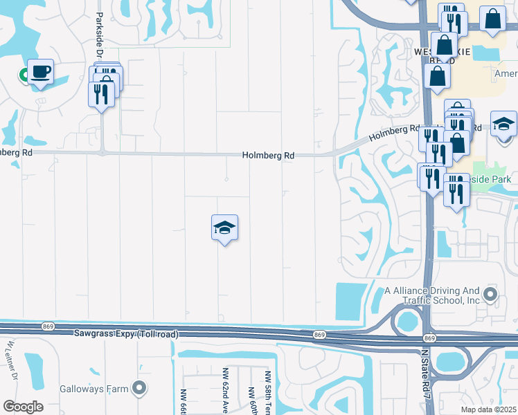 map of restaurants, bars, coffee shops, grocery stores, and more near 6208 Northwest 65th Terrace in Parkland