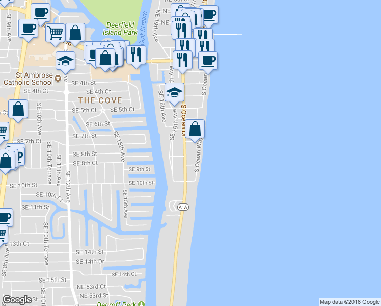 map of restaurants, bars, coffee shops, grocery stores, and more near in Deerfield Beach