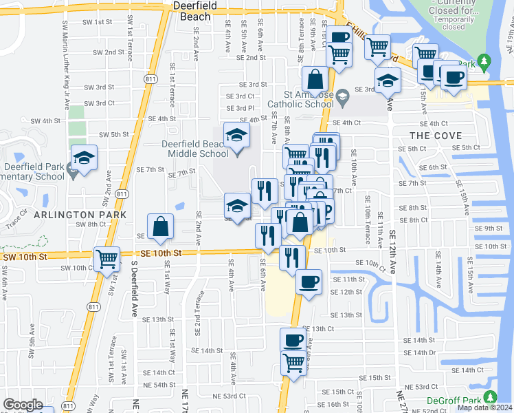 map of restaurants, bars, coffee shops, grocery stores, and more near 750 Southeast 6th Avenue in Deerfield Beach