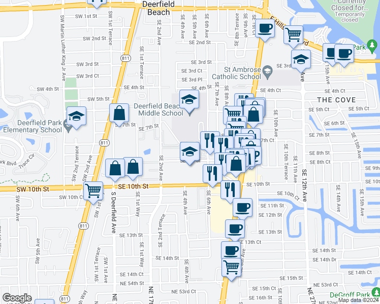 map of restaurants, bars, coffee shops, grocery stores, and more near 475 Southeast 8th Street in Deerfield Beach