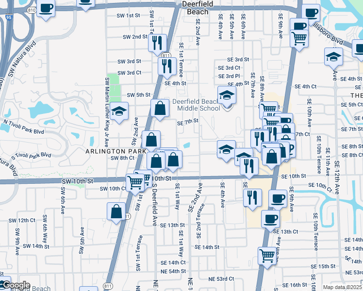 map of restaurants, bars, coffee shops, grocery stores, and more near 755 Southeast 1st Way in Deerfield Beach