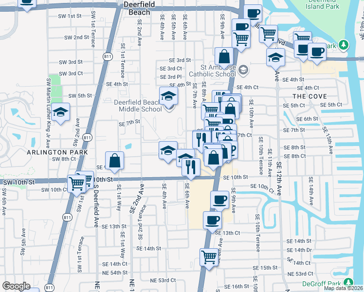 map of restaurants, bars, coffee shops, grocery stores, and more near 750 Southeast 6th Avenue in Deerfield Beach