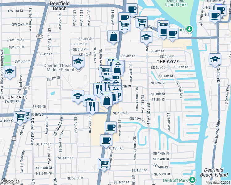 map of restaurants, bars, coffee shops, grocery stores, and more near 780 Federal Highway in Deerfield Beach