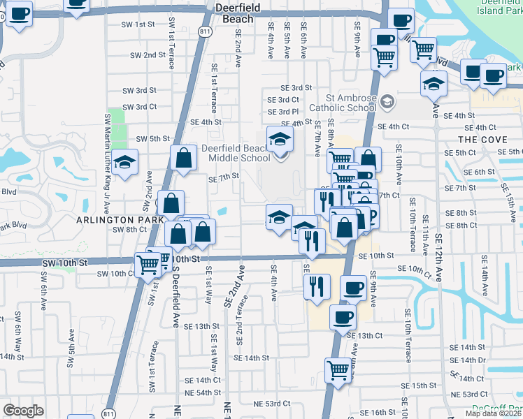 map of restaurants, bars, coffee shops, grocery stores, and more near 223 Southeast 8th Street in Deerfield Beach
