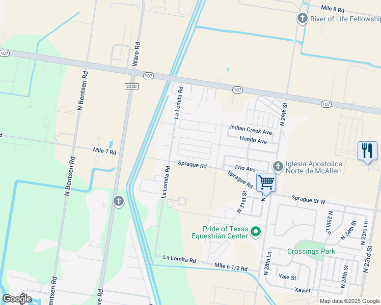 map of restaurants, bars, coffee shops, grocery stores, and more near Sprague Avenue in McAllen