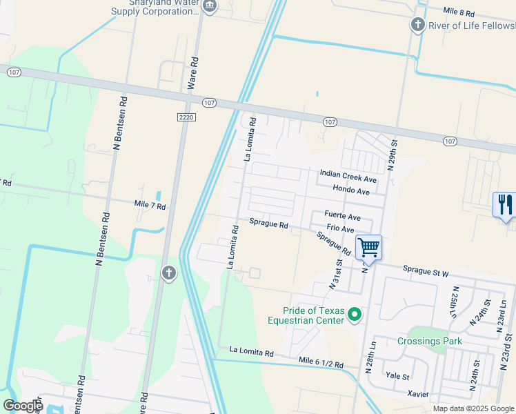 map of restaurants, bars, coffee shops, grocery stores, and more near 10921 La Lomita Road in McAllen