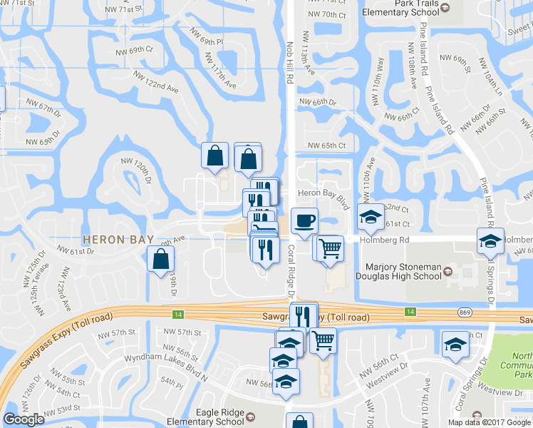 map of restaurants, bars, coffee shops, grocery stores, and more near 6230 Coral Ridge Drive in Coral Springs