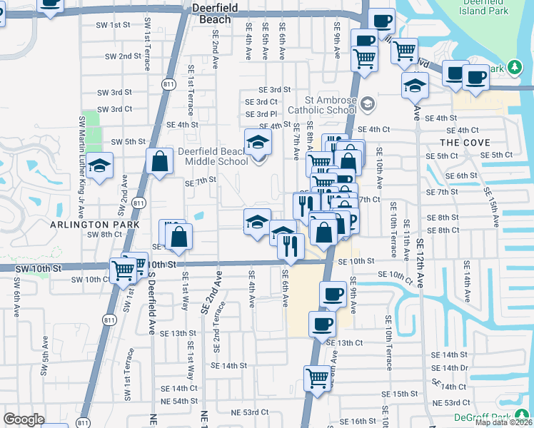 map of restaurants, bars, coffee shops, grocery stores, and more near 475 Southeast 8th Street in Deerfield Beach