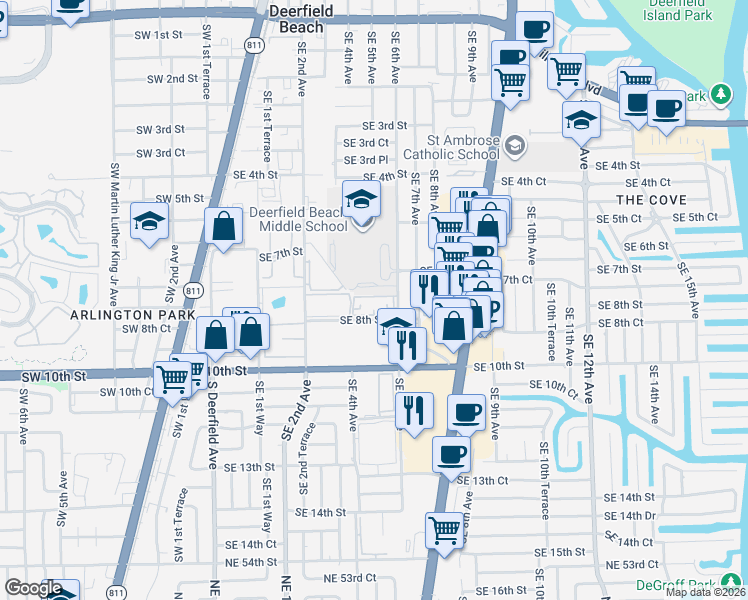 map of restaurants, bars, coffee shops, grocery stores, and more near 475 Southeast 8th Street in Deerfield Beach
