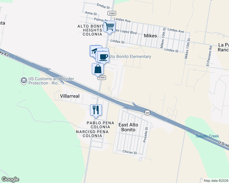 map of restaurants, bars, coffee shops, grocery stores, and more near 7273 U.S. 83 Frontage Road in Rio Grande City