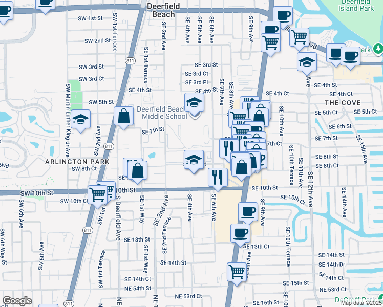 map of restaurants, bars, coffee shops, grocery stores, and more near 475 Southeast 8th Street in Deerfield Beach