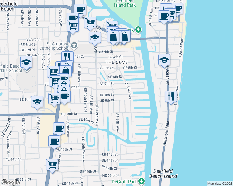 map of restaurants, bars, coffee shops, grocery stores, and more near 1333 Southeast 8th Street in Deerfield Beach
