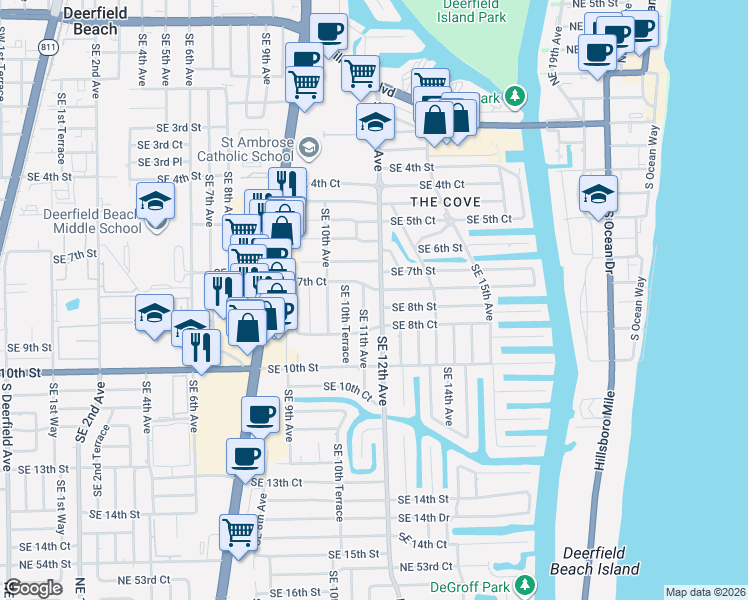 map of restaurants, bars, coffee shops, grocery stores, and more near 806 Southeast 11th Avenue in Deerfield Beach