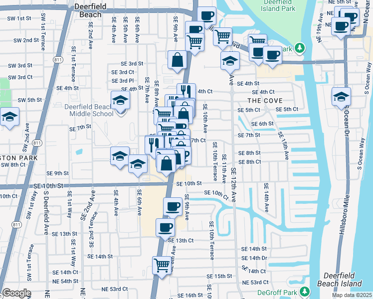 map of restaurants, bars, coffee shops, grocery stores, and more near 806 Southeast 9th Avenue in Deerfield Beach