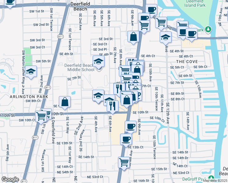 map of restaurants, bars, coffee shops, grocery stores, and more near 750 Southeast 6th Avenue in Deerfield Beach