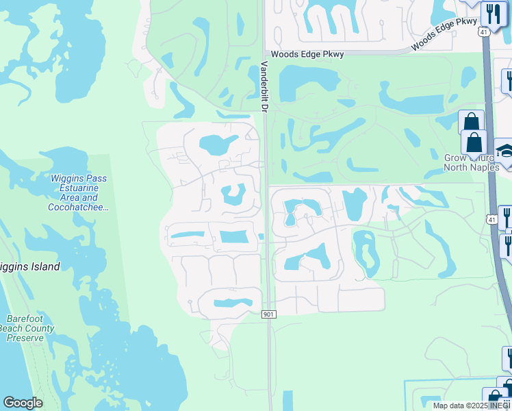 map of restaurants, bars, coffee shops, grocery stores, and more near Vanderbilt Dr in Naples