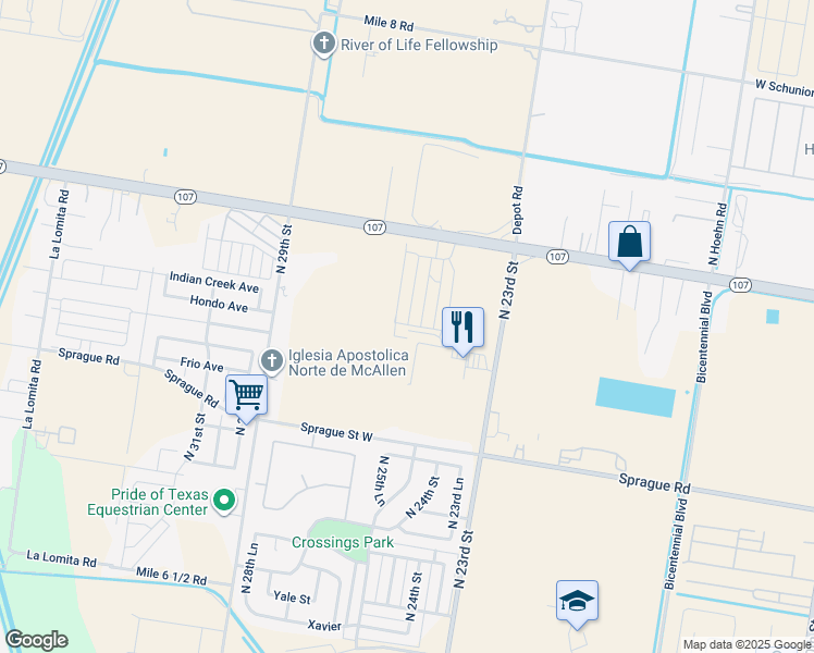 map of restaurants, bars, coffee shops, grocery stores, and more near 2501 Indian Creek Avenue in McAllen