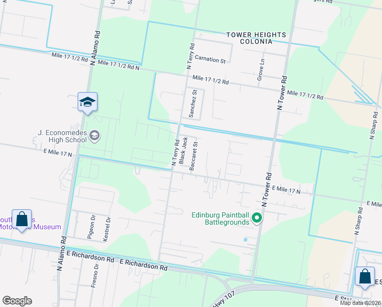 map of restaurants, bars, coffee shops, grocery stores, and more near 1618 Baccaret Street in Edinburg