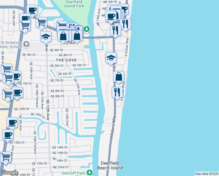 map of restaurants, bars, coffee shops, grocery stores, and more near 745 Southeast 19th Avenue in Deerfield Beach