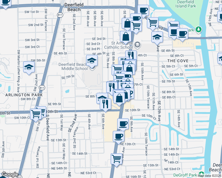 map of restaurants, bars, coffee shops, grocery stores, and more near 802 Southeast 7th Street in Deerfield Beach