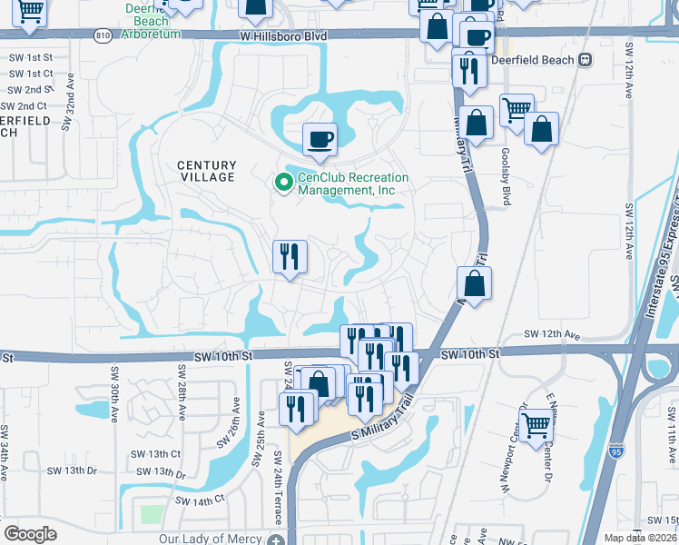 map of restaurants, bars, coffee shops, grocery stores, and more near 255 Grantham East in Deerfield Beach