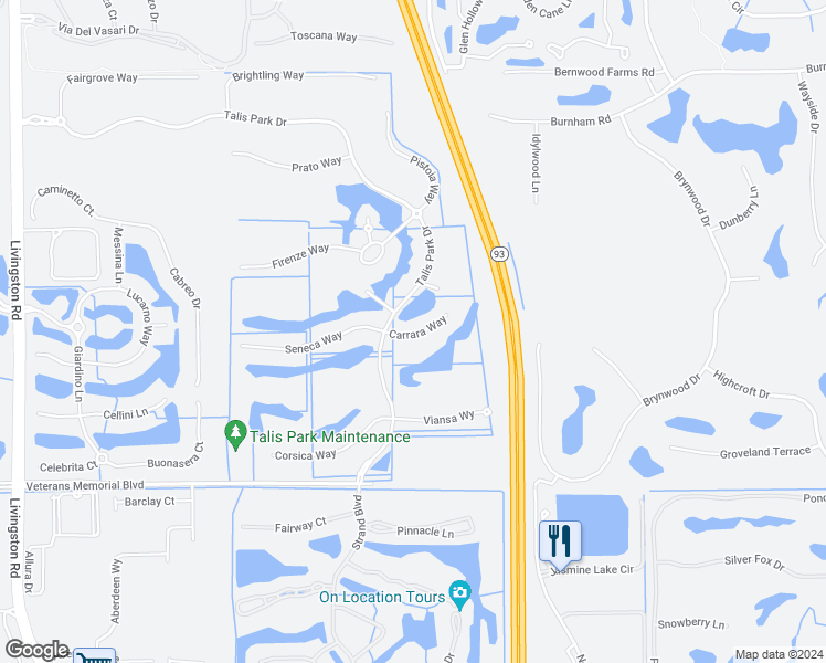 map of restaurants, bars, coffee shops, grocery stores, and more near 16436 Carrara Way in Naples