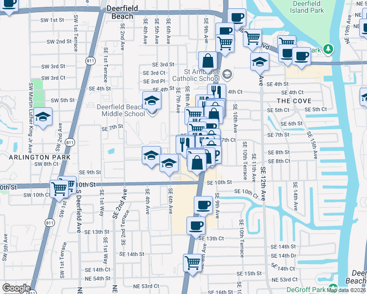 map of restaurants, bars, coffee shops, grocery stores, and more near 802 Southeast 7th Street in Deerfield Beach