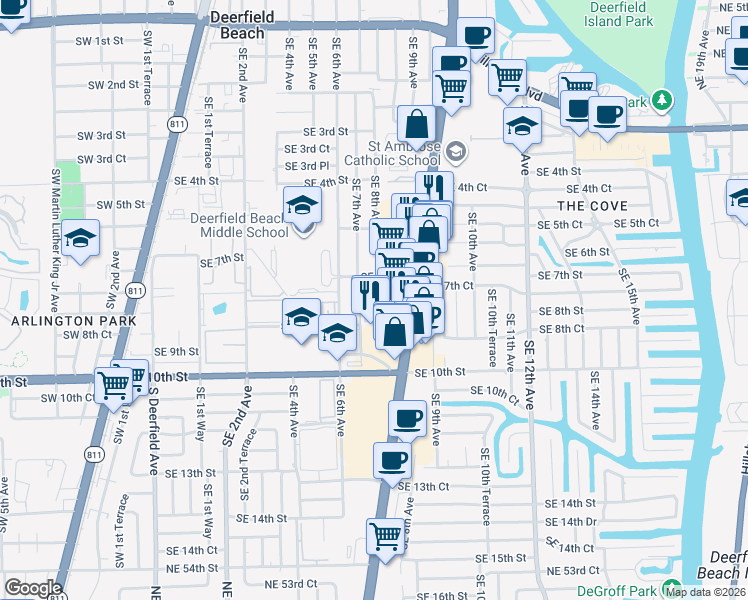 map of restaurants, bars, coffee shops, grocery stores, and more near 806 Southeast 7th Street in Deerfield Beach