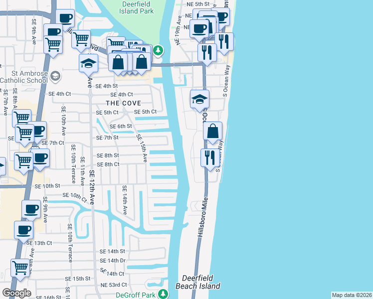 map of restaurants, bars, coffee shops, grocery stores, and more near 745 Southeast 19th Avenue in Deerfield Beach