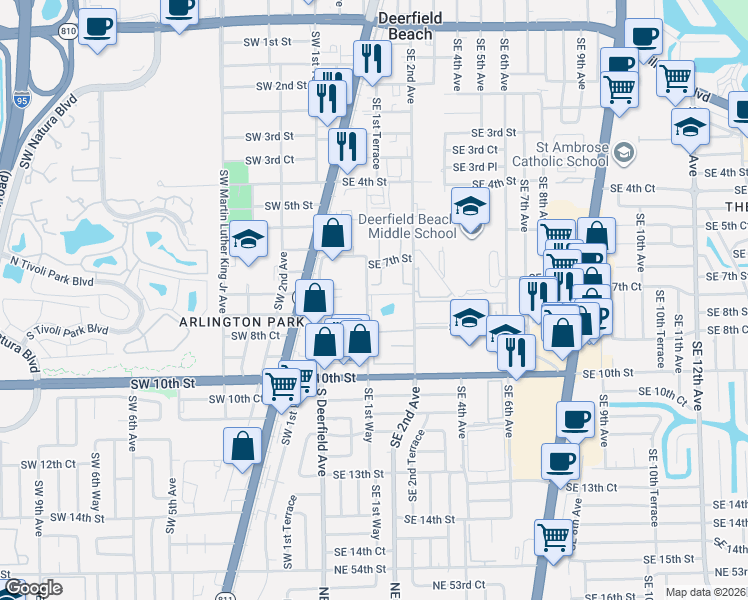 map of restaurants, bars, coffee shops, grocery stores, and more near 733 Southeast 1st Way in Deerfield Beach