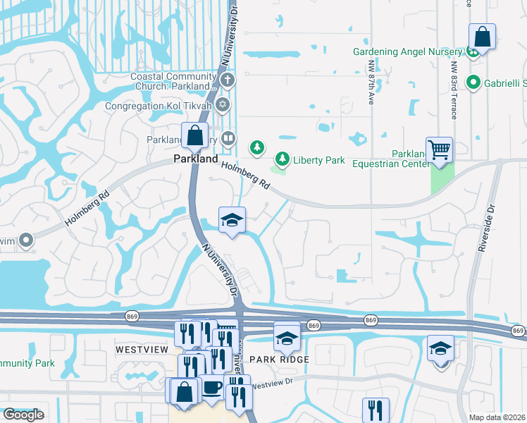map of restaurants, bars, coffee shops, grocery stores, and more near 6299 Northwest 92nd Avenue in Parkland