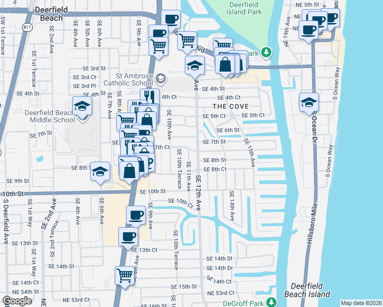 map of restaurants, bars, coffee shops, grocery stores, and more near 1101 Southeast 7th Court in Deerfield Beach