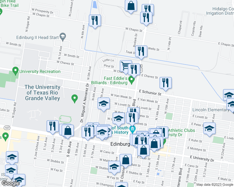 map of restaurants, bars, coffee shops, grocery stores, and more near 301 West Van Week Street in Edinburg