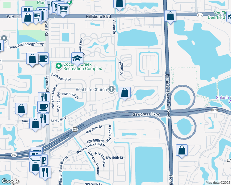 map of restaurants, bars, coffee shops, grocery stores, and more near 6360 Northwest 41st Terrace in Coconut Creek