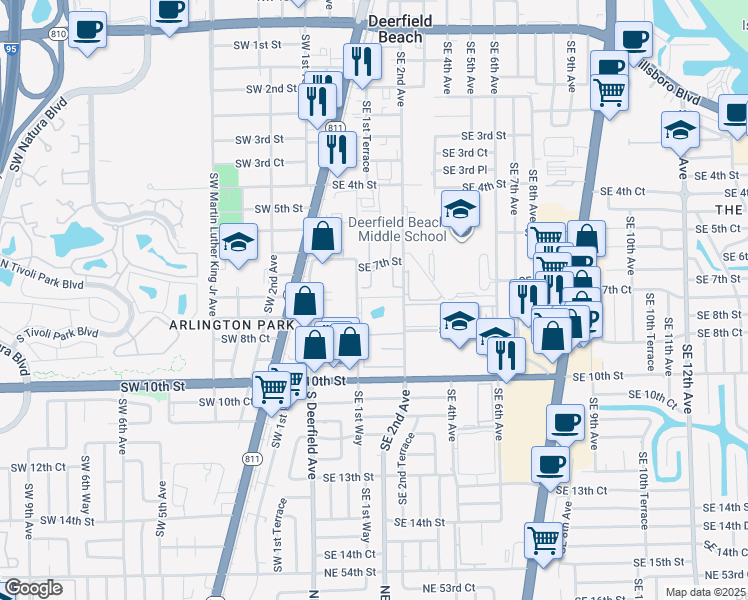map of restaurants, bars, coffee shops, grocery stores, and more near 733 Southeast 1st Way in Deerfield Beach