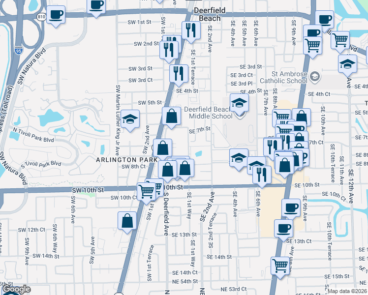 map of restaurants, bars, coffee shops, grocery stores, and more near 733 Southeast 1st Way in Deerfield Beach