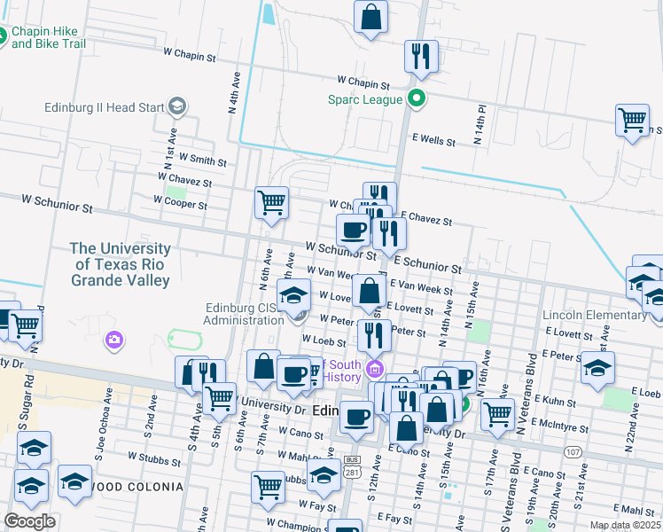 map of restaurants, bars, coffee shops, grocery stores, and more near 322 West Schunior Street in Edinburg