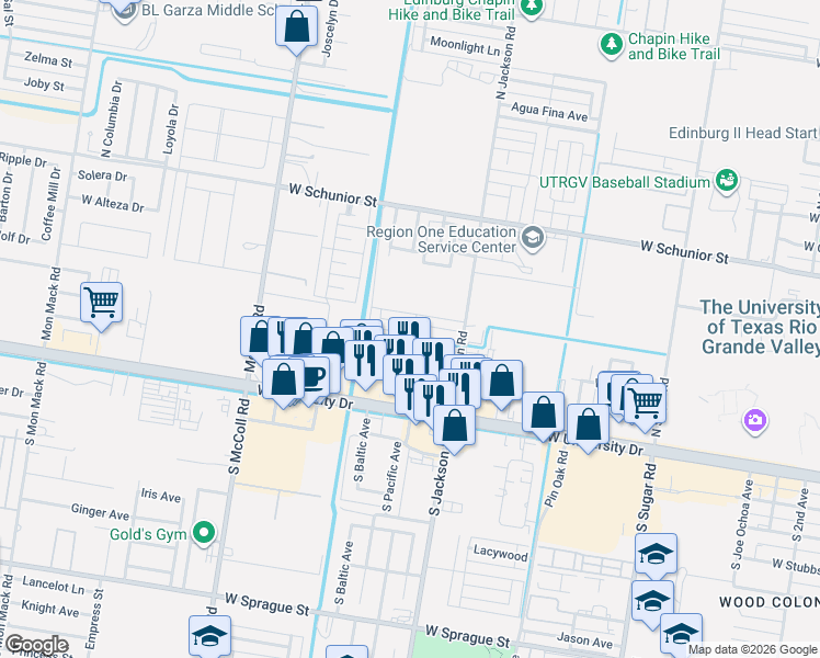 map of restaurants, bars, coffee shops, grocery stores, and more near 2401 Kimberly Lane in Edinburg