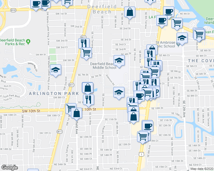 map of restaurants, bars, coffee shops, grocery stores, and more near 704 Southeast 2nd Avenue in Deerfield Beach