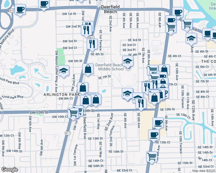 map of restaurants, bars, coffee shops, grocery stores, and more near 180 Southeast 7th Street in Deerfield Beach