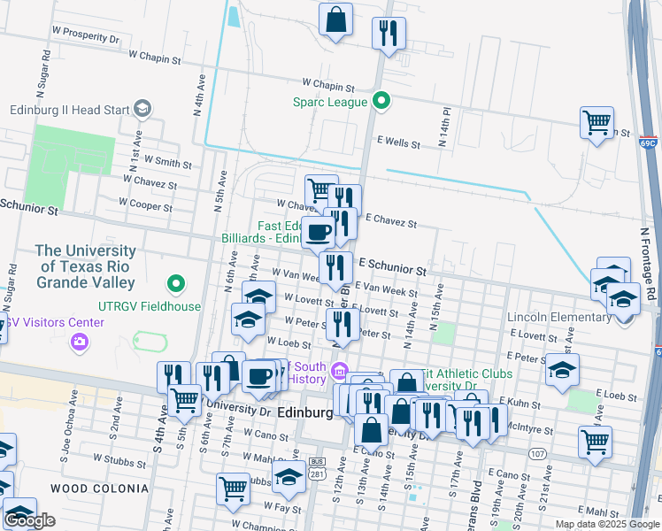 map of restaurants, bars, coffee shops, grocery stores, and more near 801 North Closner Boulevard in Edinburg