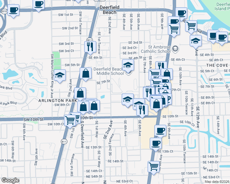 map of restaurants, bars, coffee shops, grocery stores, and more near 704 Southeast 2nd Avenue in Deerfield Beach