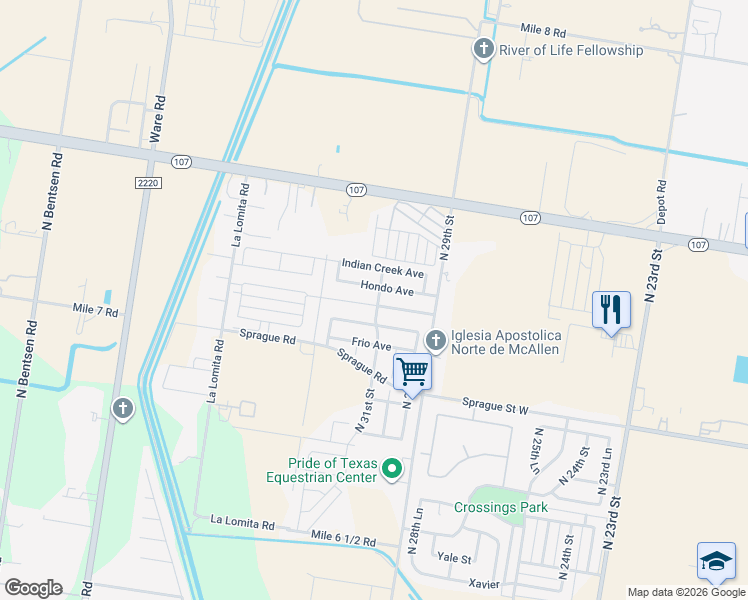 map of restaurants, bars, coffee shops, grocery stores, and more near 3101 Hondo Avenue in McAllen