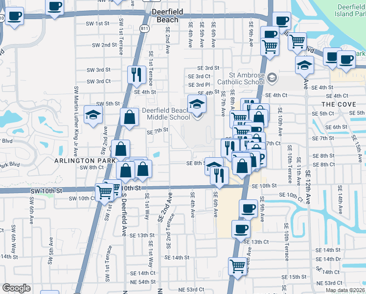map of restaurants, bars, coffee shops, grocery stores, and more near 704 Robinson Road in Deerfield Beach
