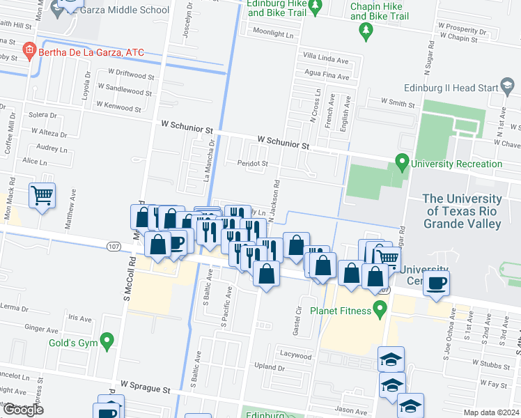 map of restaurants, bars, coffee shops, grocery stores, and more near 2105 Kimberly Lane in Edinburg