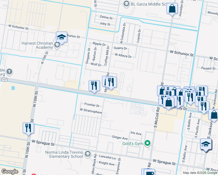 map of restaurants, bars, coffee shops, grocery stores, and more near 3520 West Mill Wood Street in Edinburg