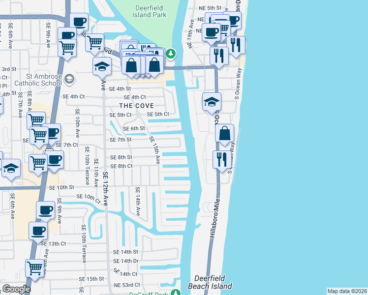 map of restaurants, bars, coffee shops, grocery stores, and more near 724 Southeast 17th Terrace in Deerfield Beach