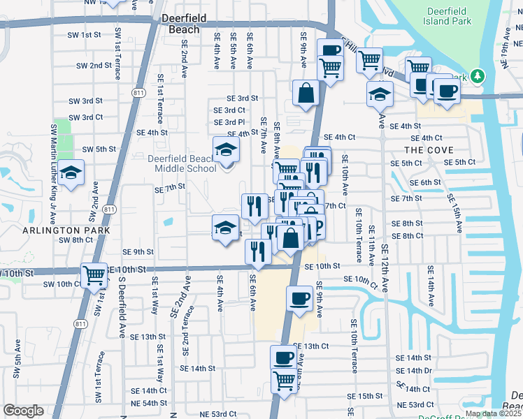 map of restaurants, bars, coffee shops, grocery stores, and more near 710 Southeast 6th Avenue in Deerfield Beach